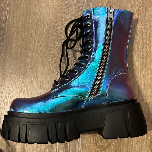 Doll’s Kill Current Mood Metallic Blue Platform Combat Boots Size 8 - Picture 8 of 12